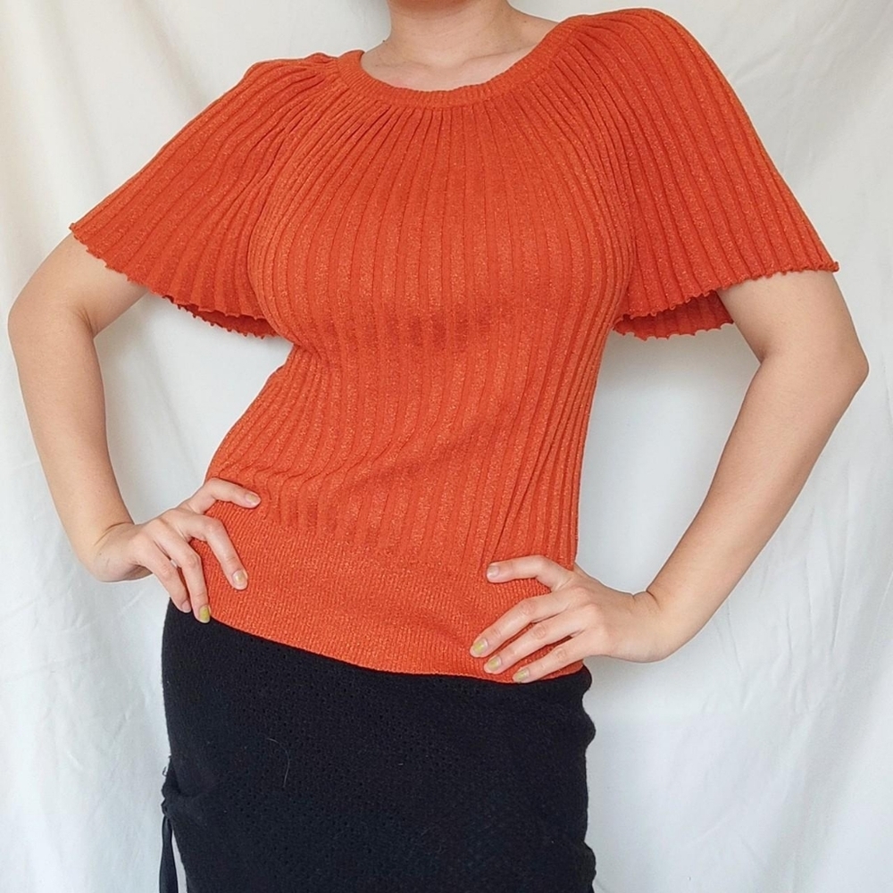 Orange Sparkly Short Sleeved Ribbed Top